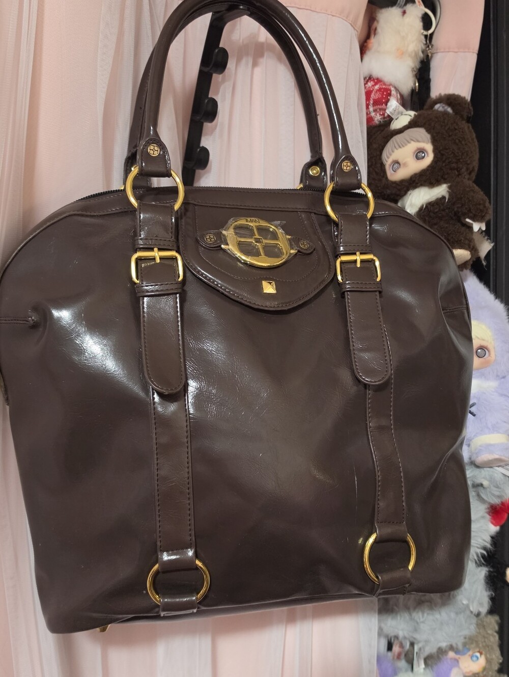 IMAN Global Chic Large Brown Faux Leather Satchel Handbag Gold Hardware Y2K